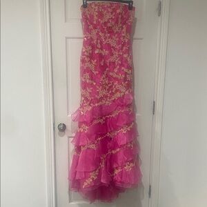 Strapless Fuchsia Prom Dress with Gold Embroidery
